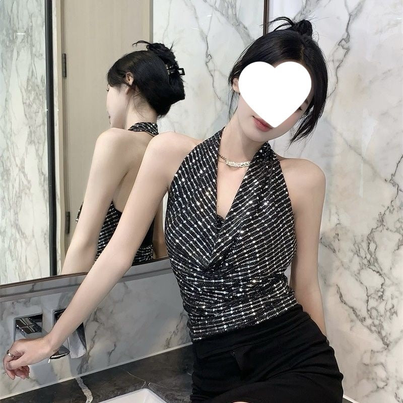 Glitzerndes Tanktop mit Wellenförmigem Kragen und Trägern – Bild 1 | LuxeStyle