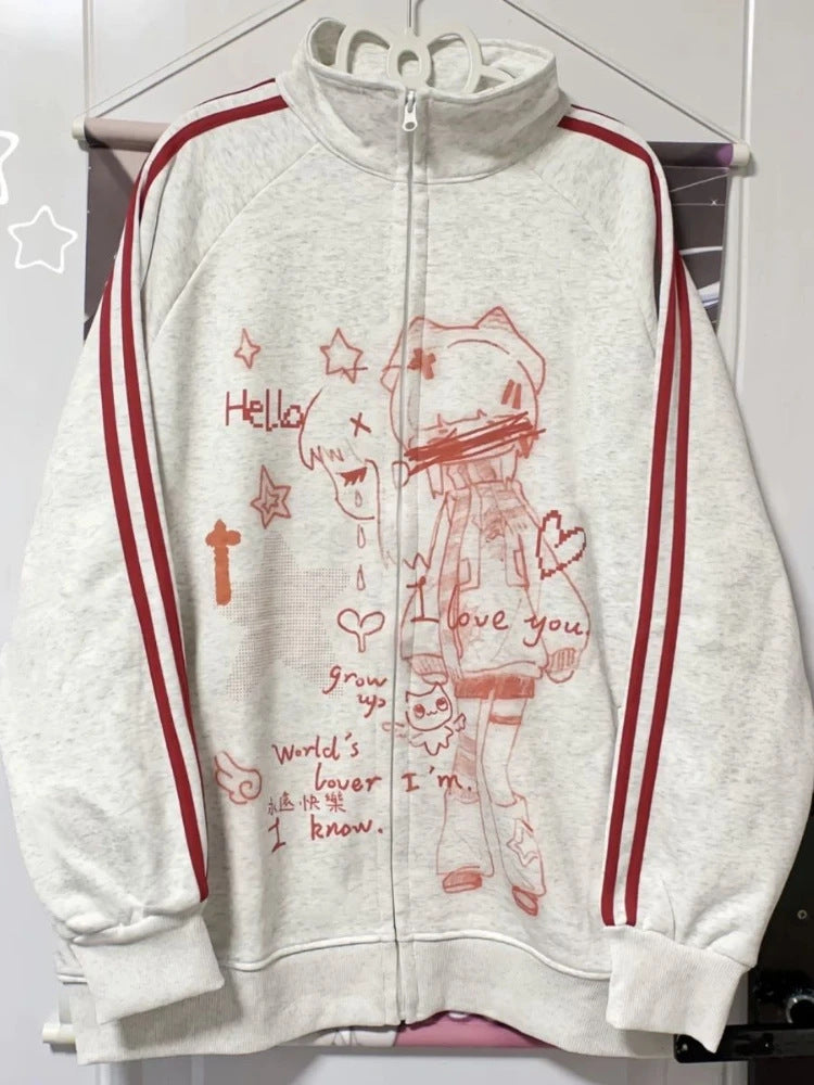 Gestreifter Anime-Print Hoodie mit Reissverschluss