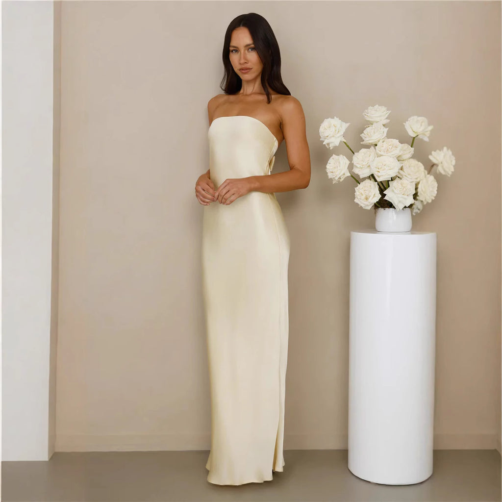 Damen rückenfreies Satin-Maxikleid
