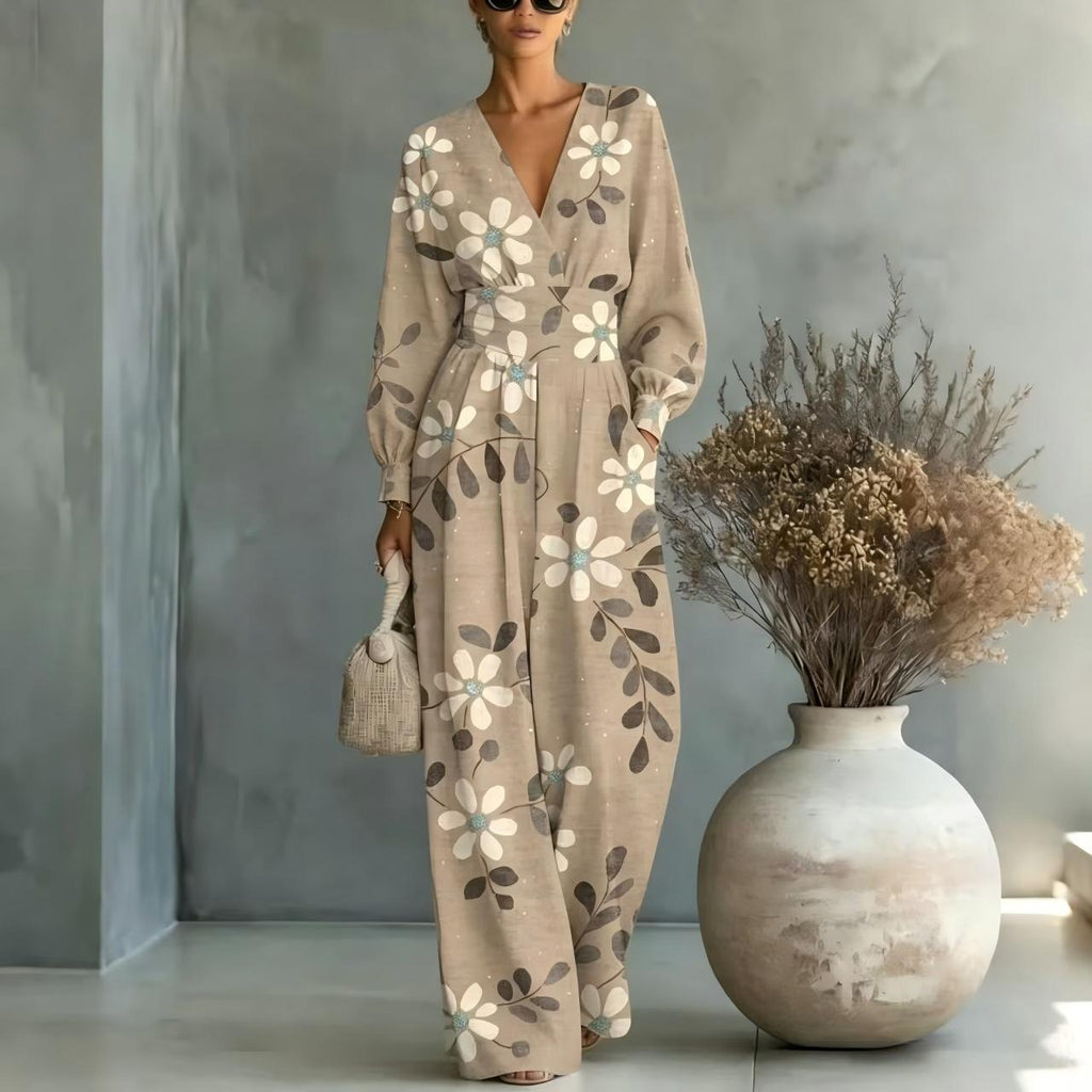 Gemusterter Langarm-Jumpsuit mit V-Ausschnitt