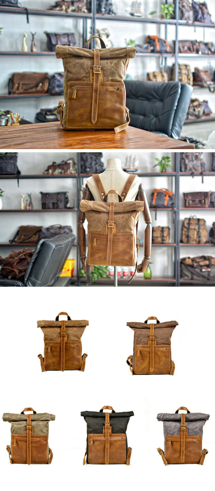 Retro-Canvas-Rucksack für Männer – schwarz – Bild 4 | LuxeStyle