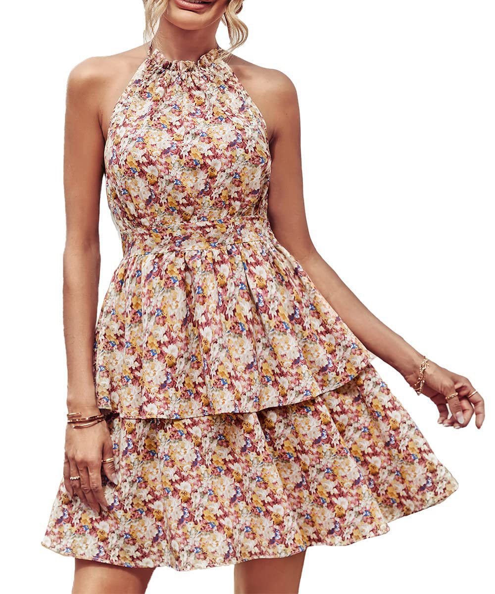 Boho Halter Minikleid mit Rüschen und A-Linie