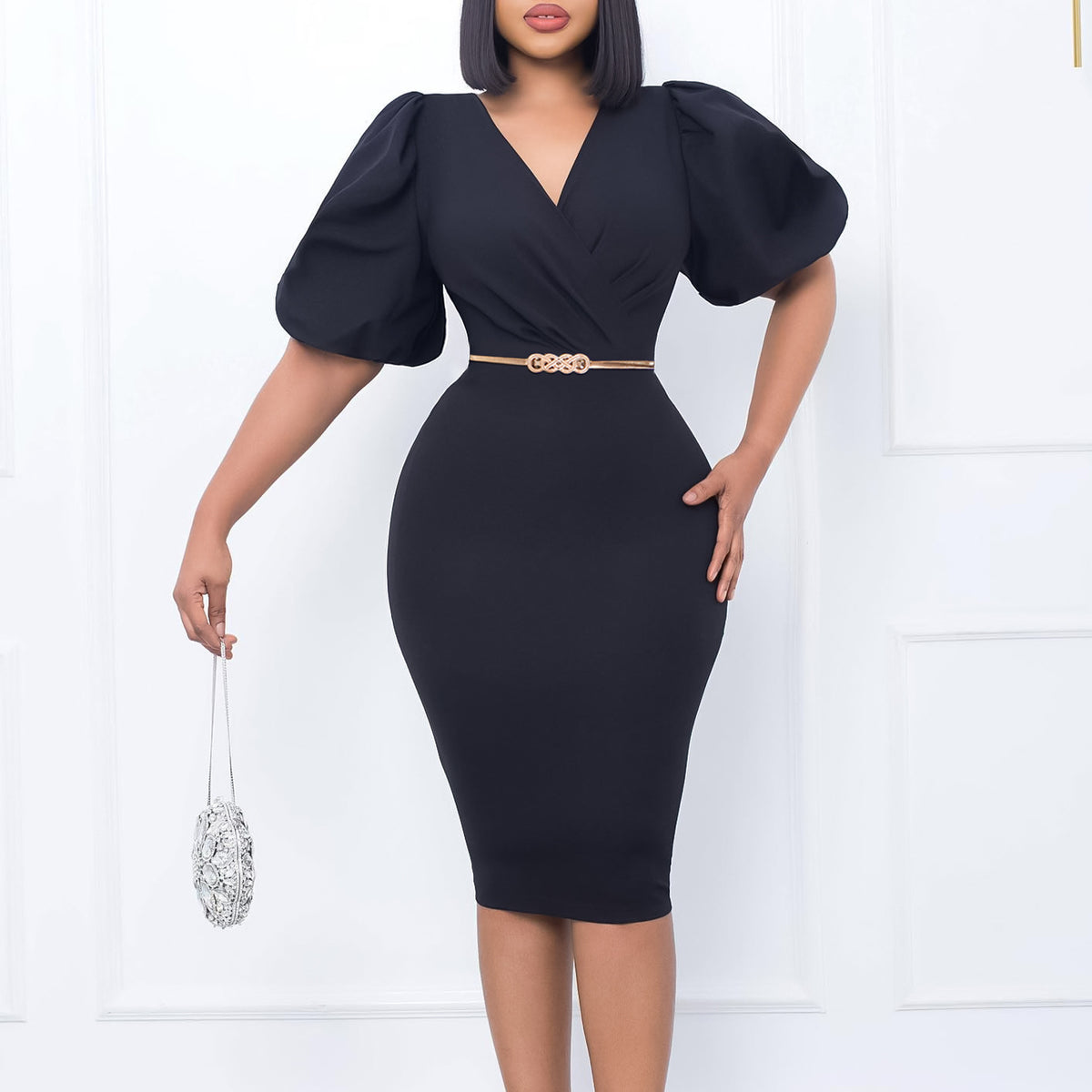 Elegantes Midi-Kleid mit Puffärmeln und Gürtel – Bild 3 | LuxeStyle