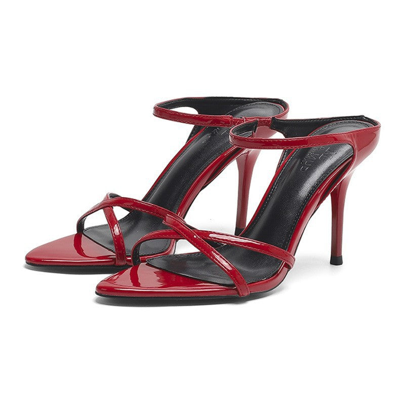 Weinrote Stiletto-Sandalen mit Fischmaul-Zehenpartie – Bild 15 | LuxeStyle
