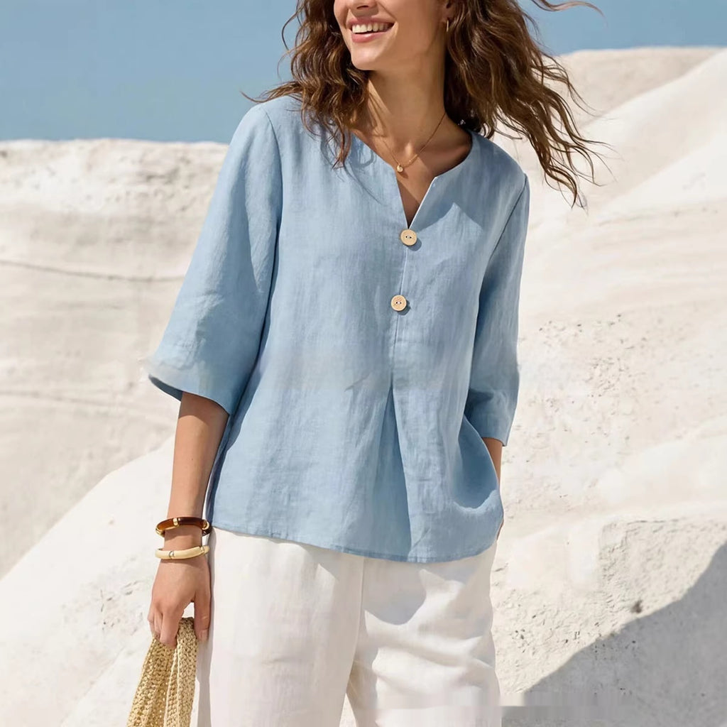 V-Neck Baumwoll-Leinen Bluse für Damen – Bild 4 | LuxeStyle