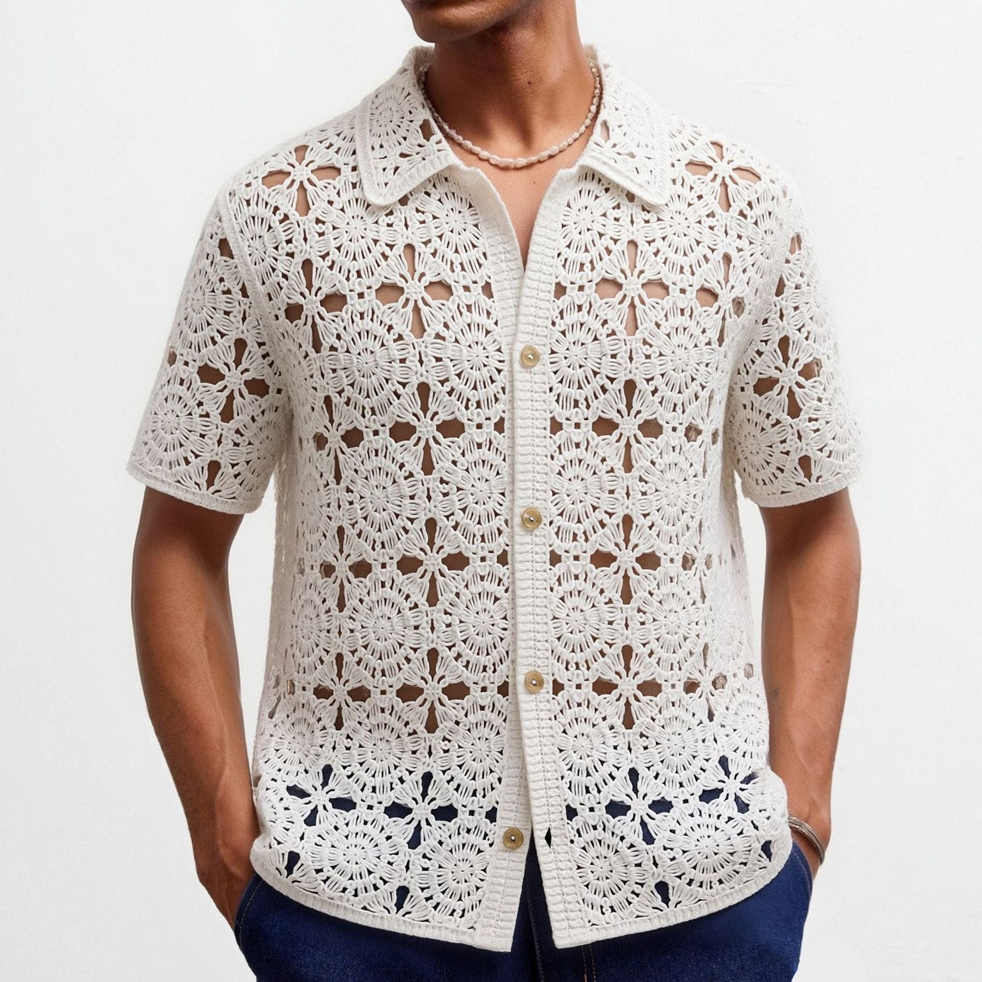 Herren Sommer Kurzarm-Crochet-Shirt