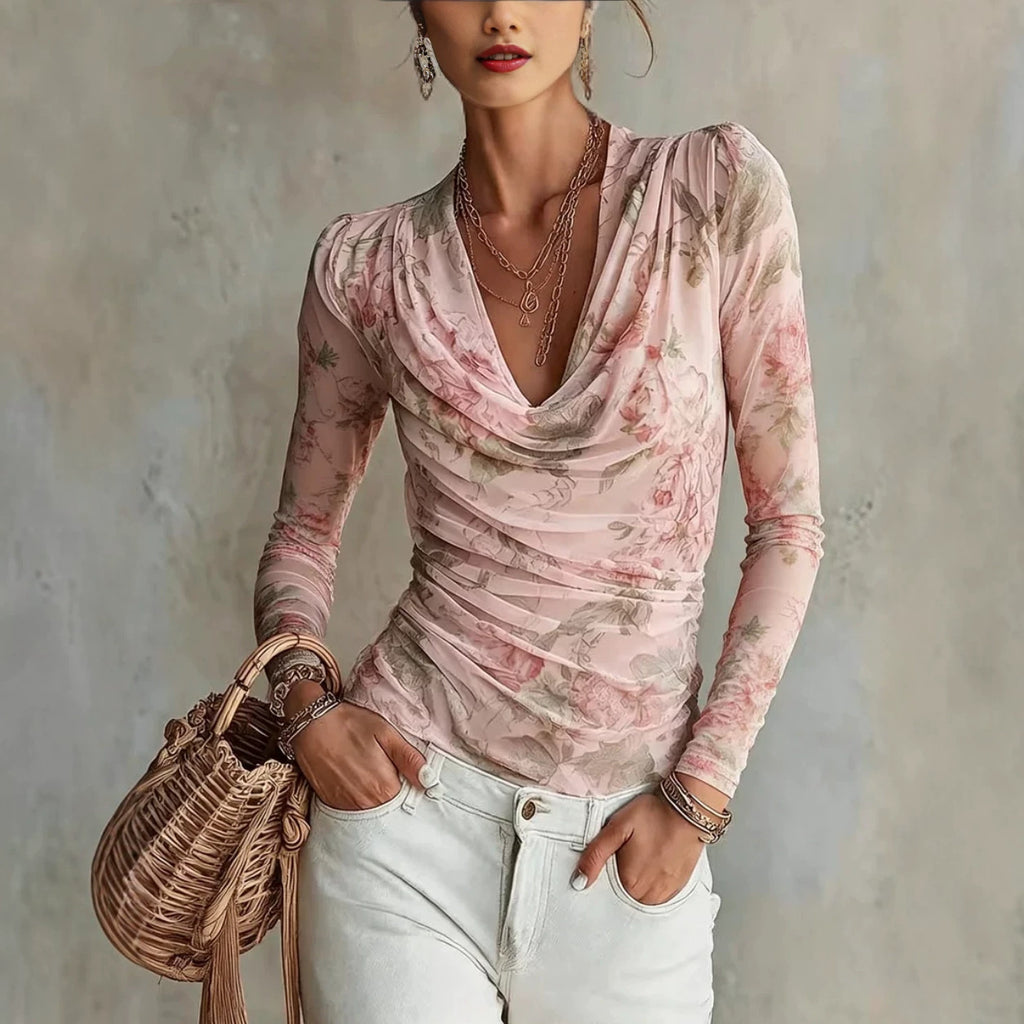 Chiffon-Top mit Blumenmuster und V-Ausschnitt