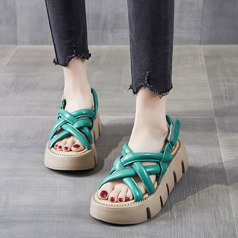 Weisses Ledersandale mit Plattform | LuxeStyle