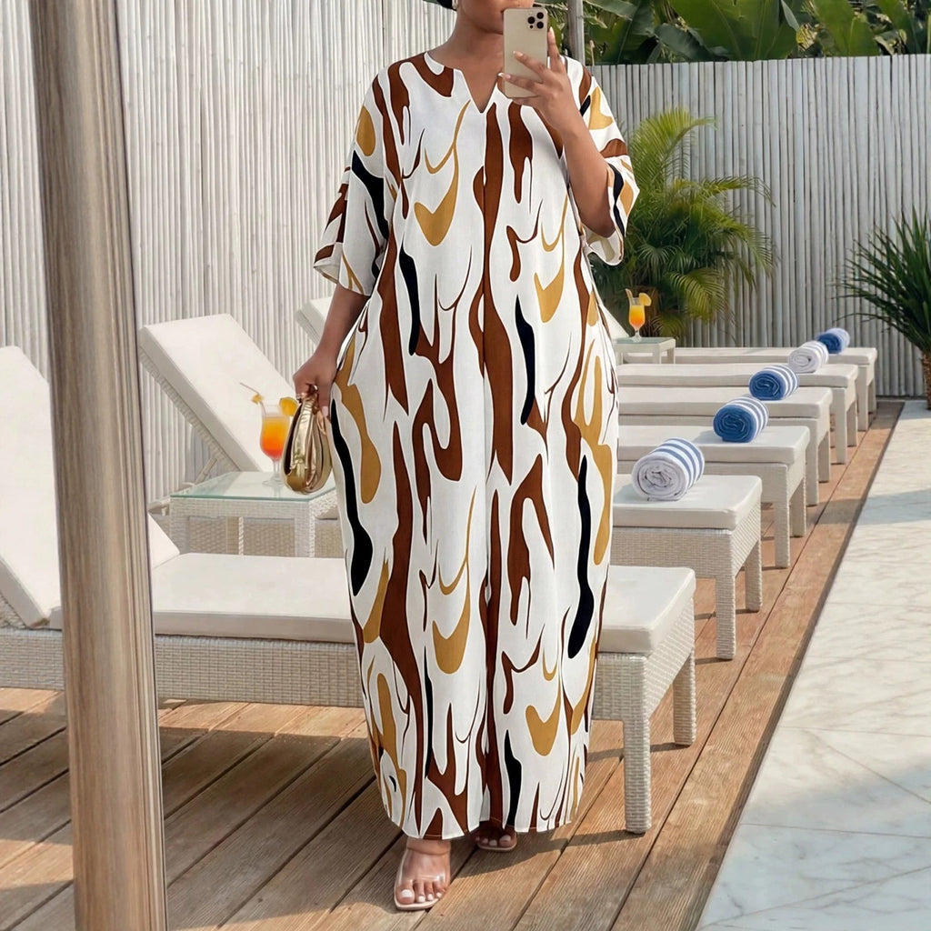 Elegantes V-Ausschnitt A-Linien Kleid mit Print