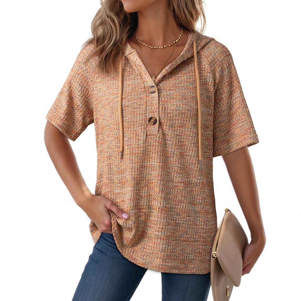 Waffle-Weave V-Neck Hoodie mit Knopfleiste