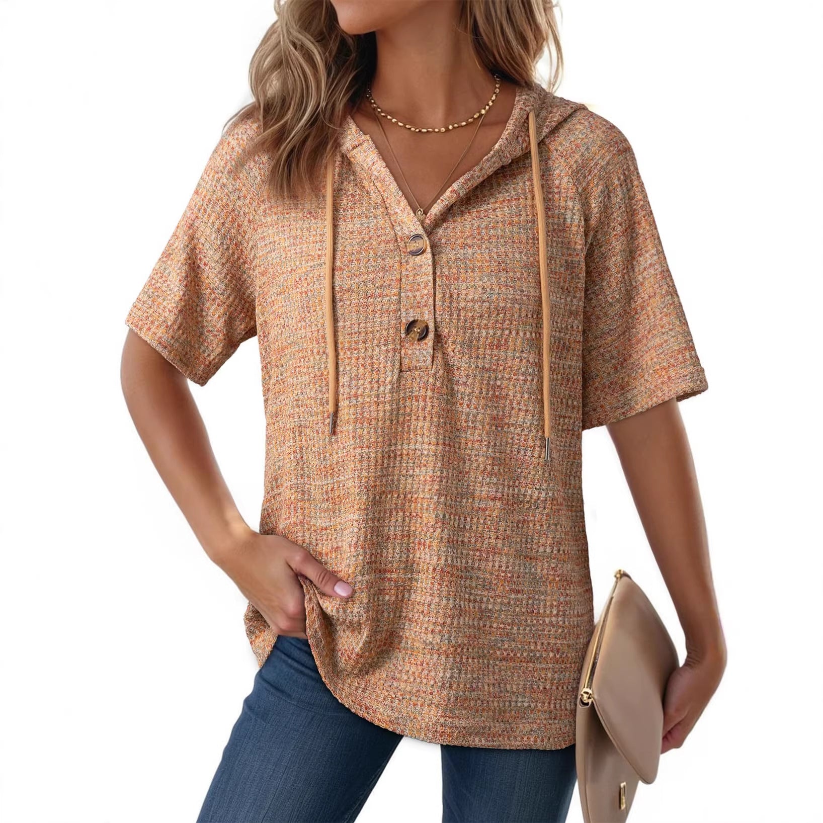 Waffle-Weave V-Neck Hoodie mit Knopfleiste