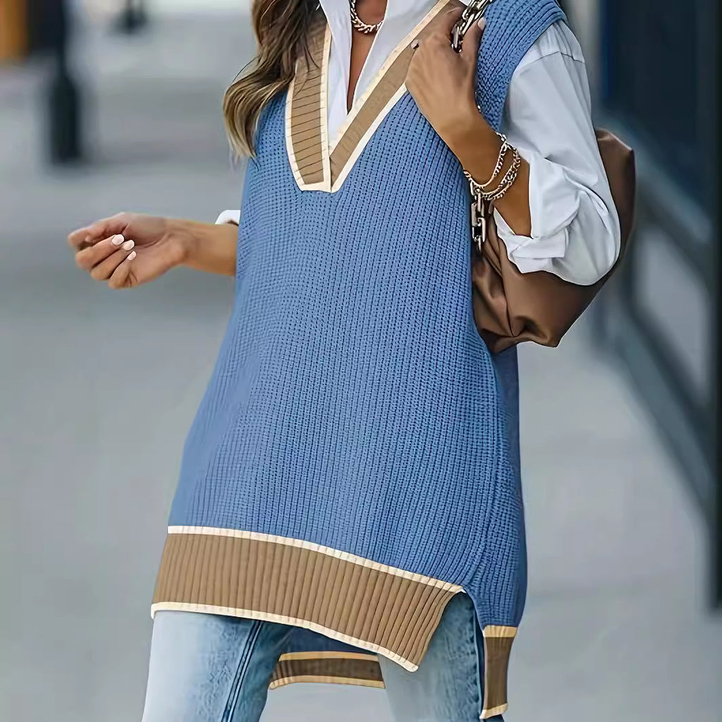 Color-Block V-Neck Strickweste für Damen