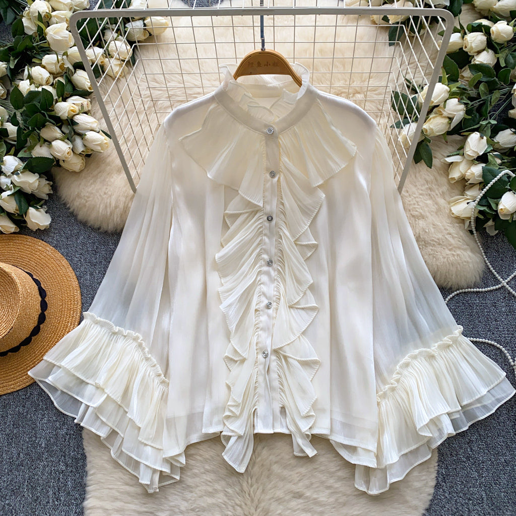 Unifarbene Bluse mit Rüschensaum
