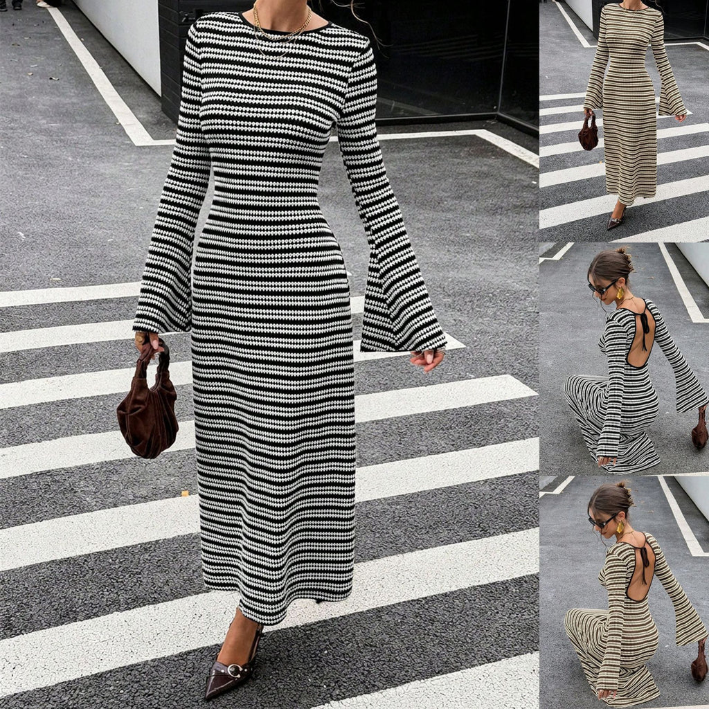 Glockenärmel-Strickkleid mit Rundhals und Streifen
