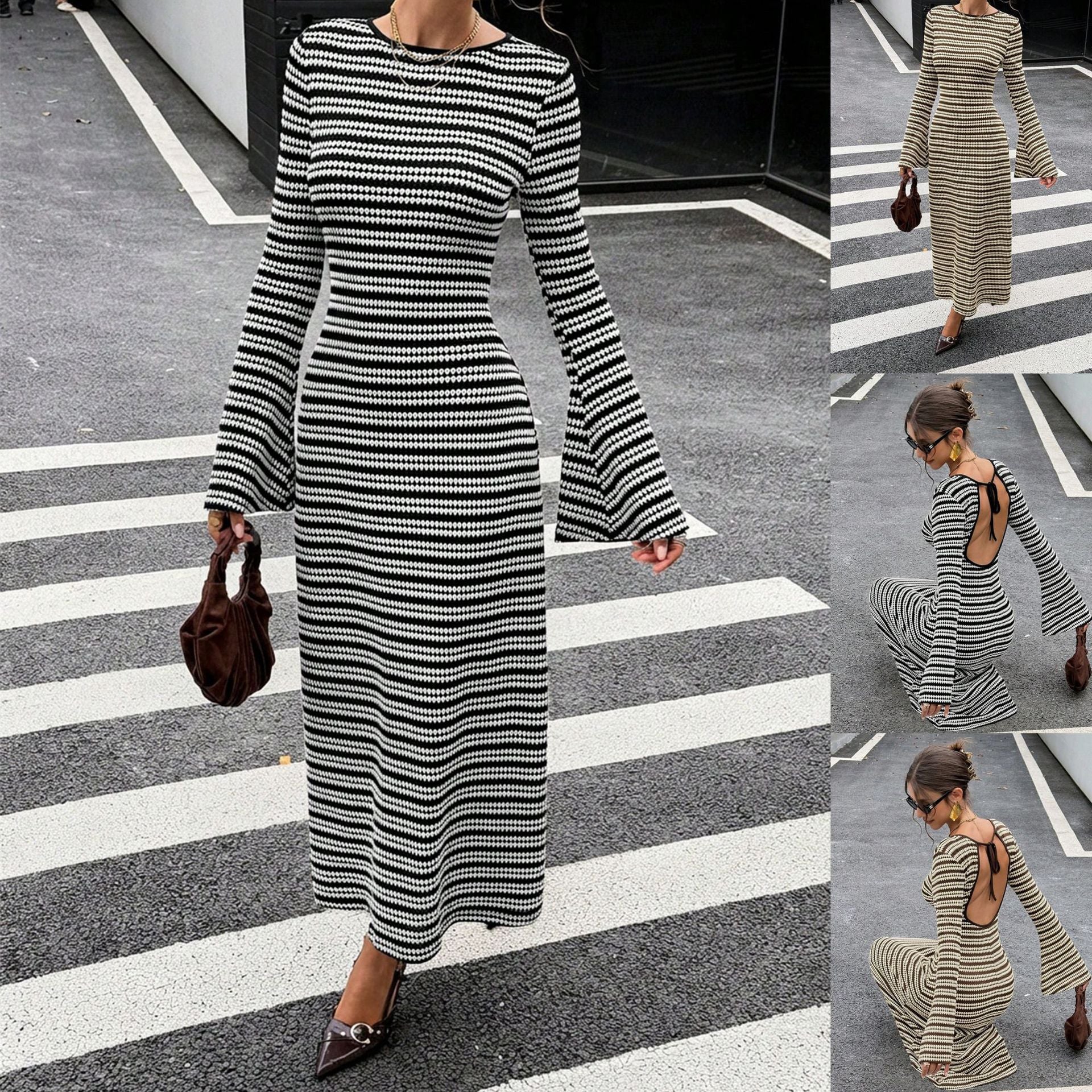 Glockenärmel-Strickkleid mit Rundhals und Streifen