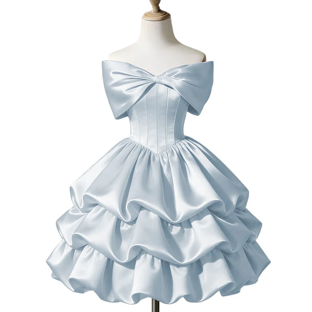 Satin-Puffkleid mit Schleife und Volants | LuxeStyle