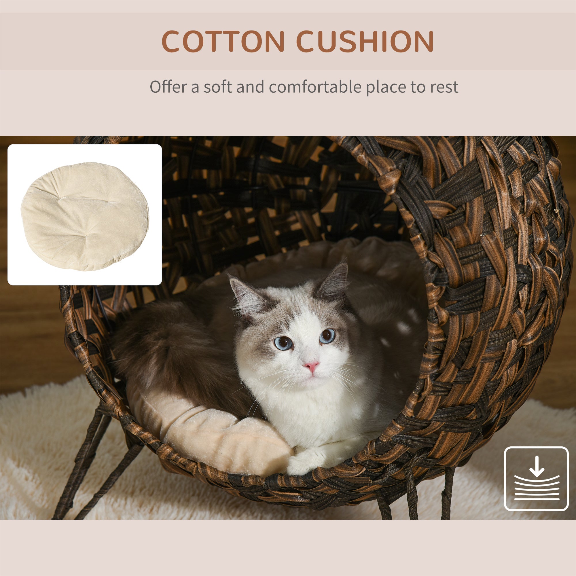 20,5-Zoll Hochgezogenes Geflochtenes Katzenbett mit Kissen, Braun