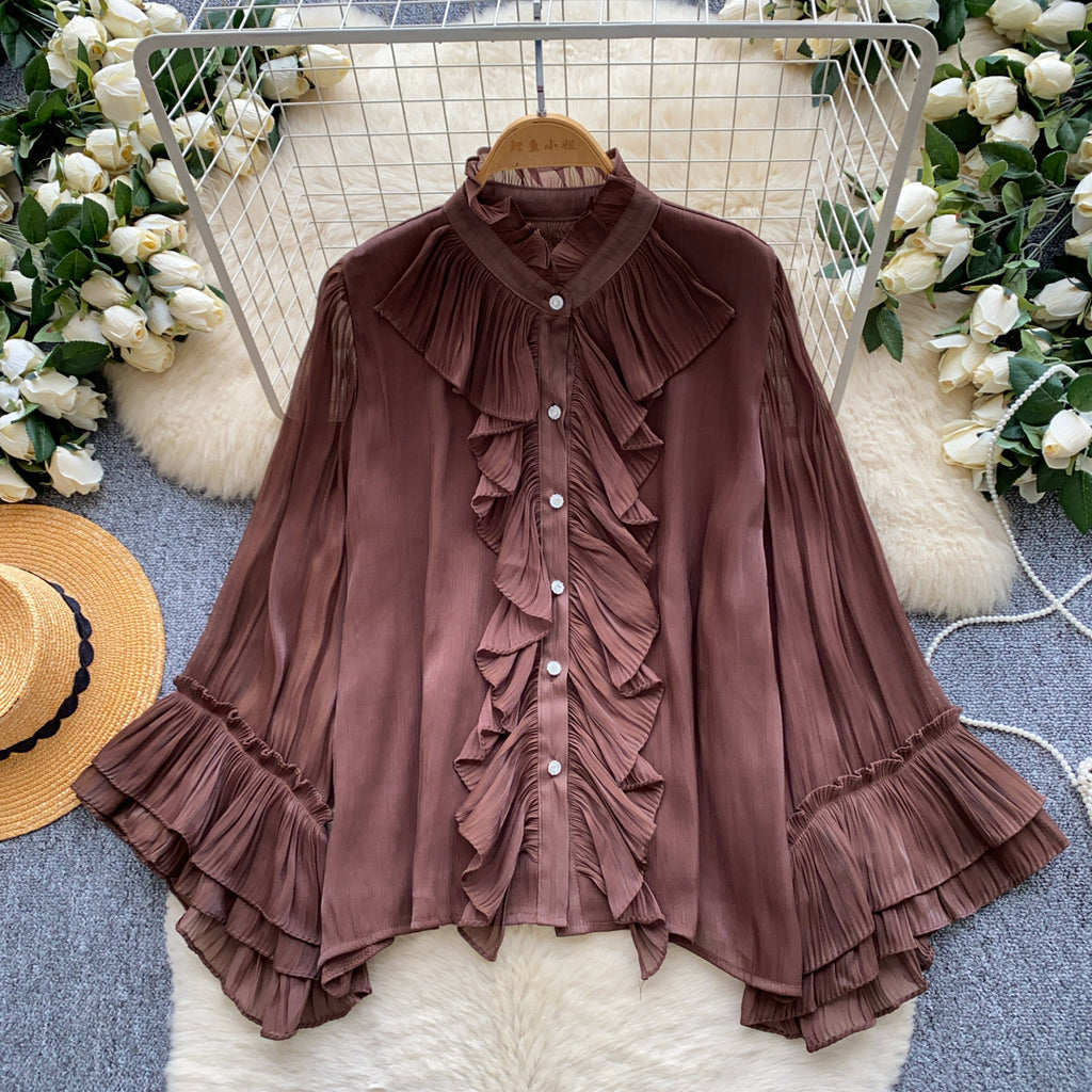 Unifarbene Bluse mit Rüschensaum