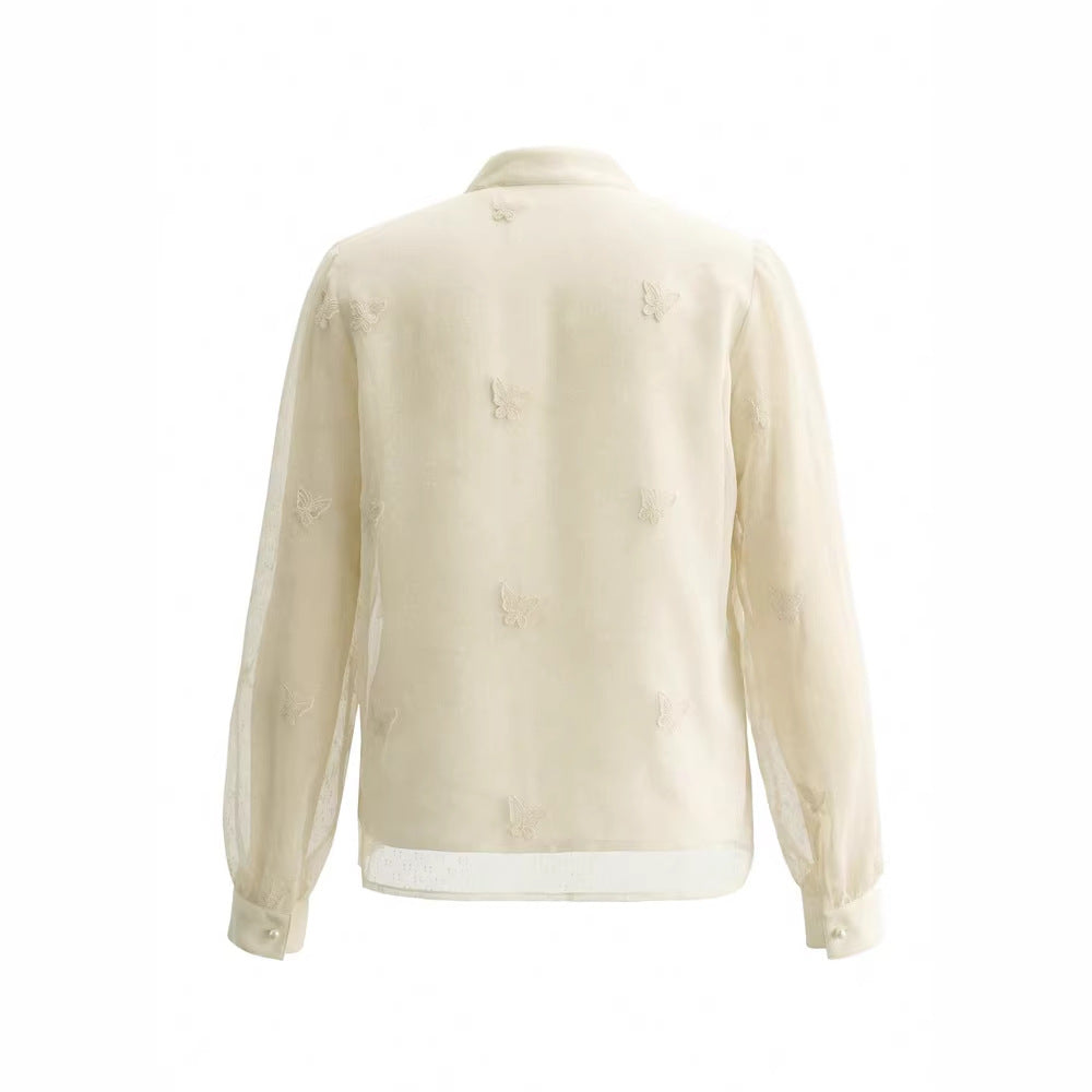 Besticktes Langarm-Shirt mit Stehkragen – Bild 3 | LuxeStyle