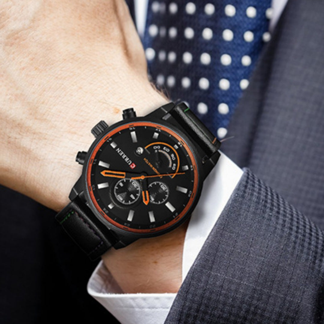 Cairen Quarz-Uhr mit Kalender und Lederarmband