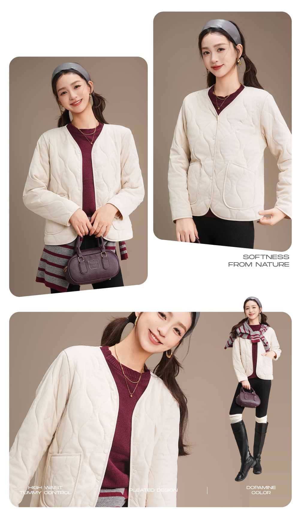 Gepolsterte Langarm-Baumwolljacke mit Rundhals