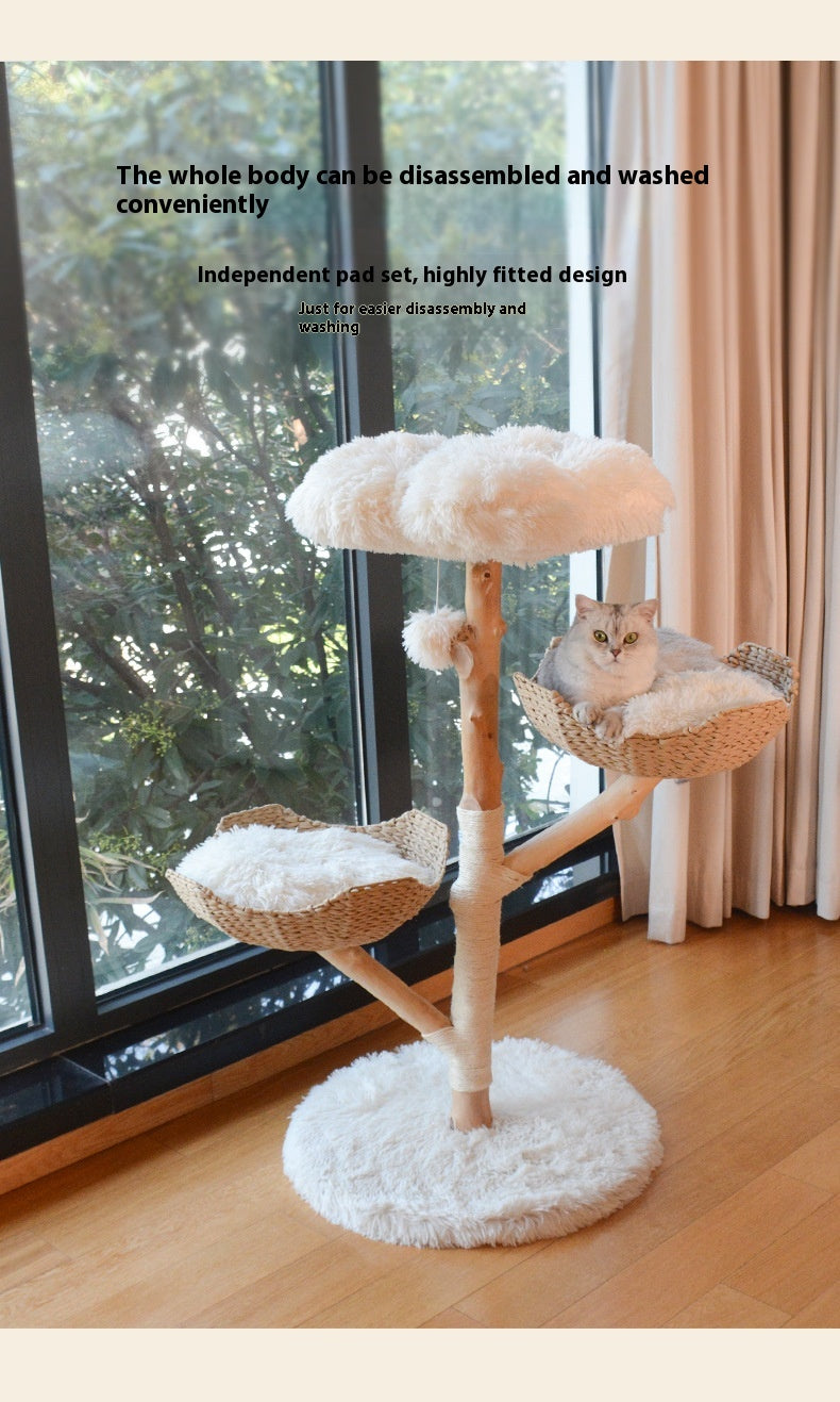 Naturholz Katzenkratzbaum mit Rattan-Nest