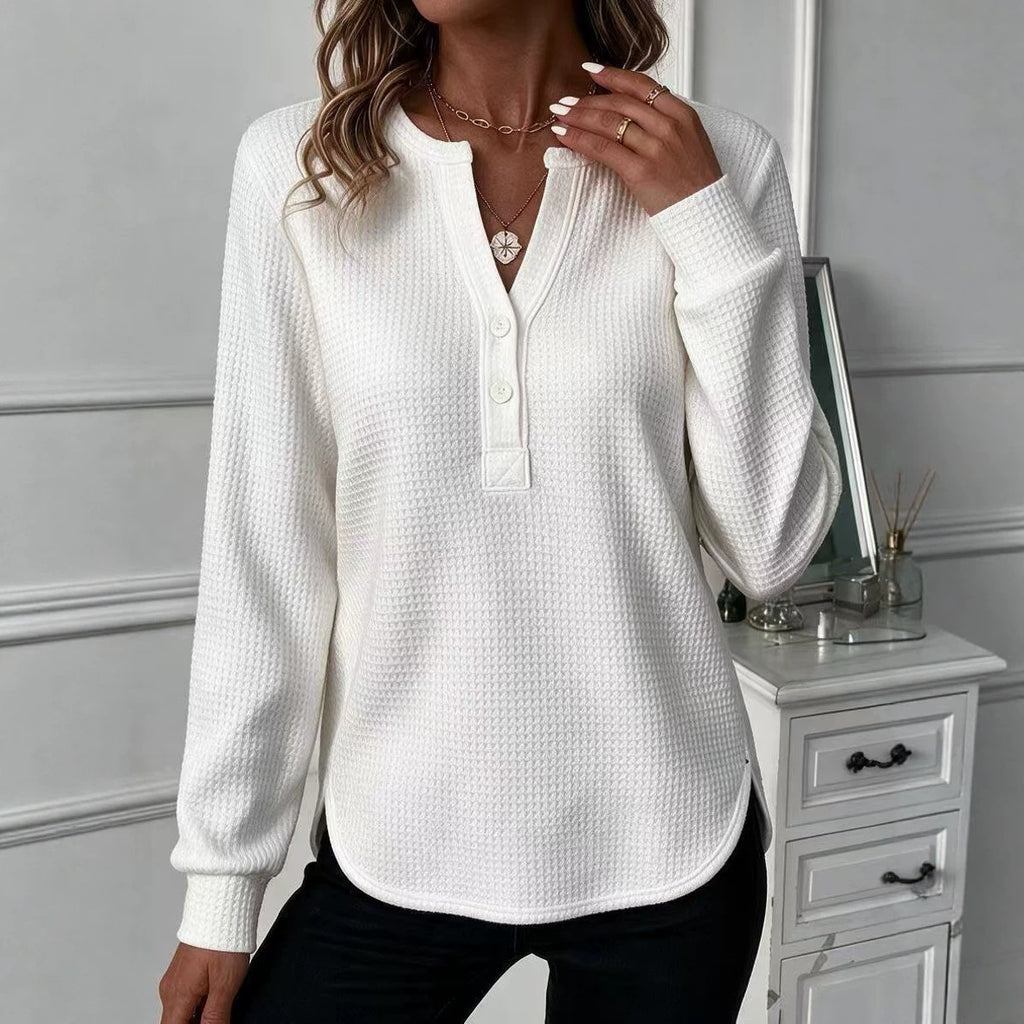 Damen-V-Neck Langarmshirt mit Doppel-Hemdblende