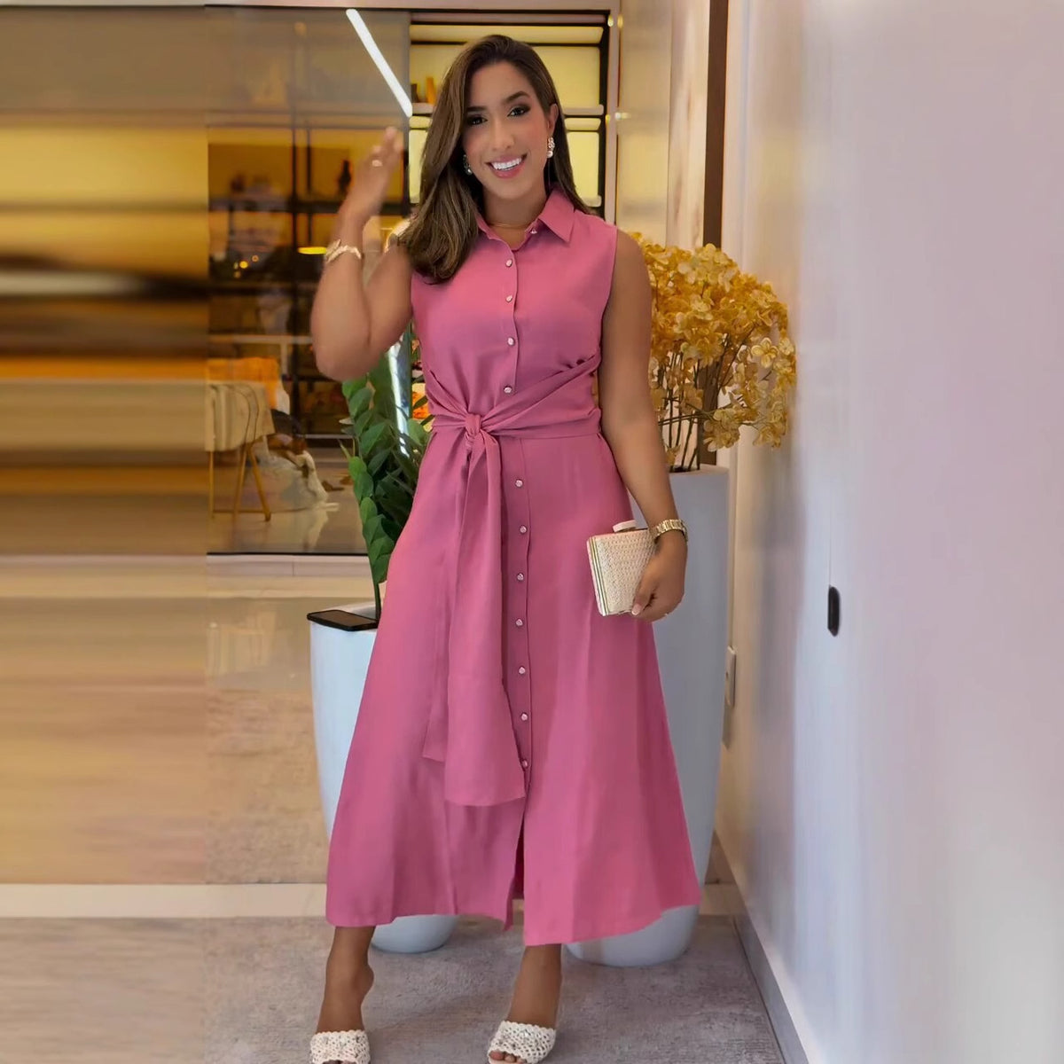 Ärmelloses A-Linien Hemdblusenkleid mit Taillengürtel – Bild 4 | LuxeStyle