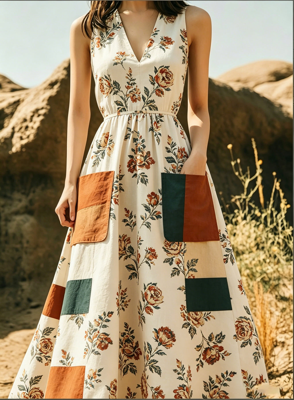 Figurbetontes A-Linien Maxikleid mit V-Ausschnitt