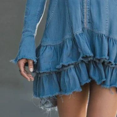 Boho-Stil Tief-V Reißverschluss Langarm Raffung Mini-Kleid
