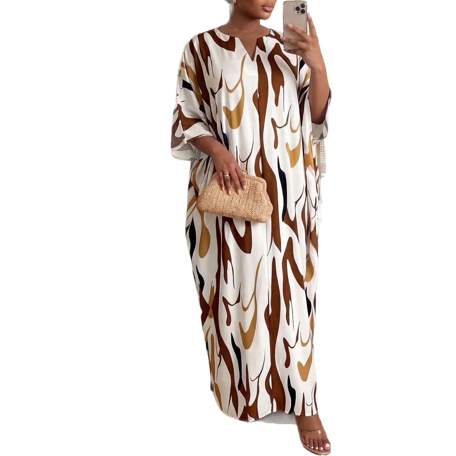 Elegantes V-Ausschnitt A-Linien Kleid mit Print