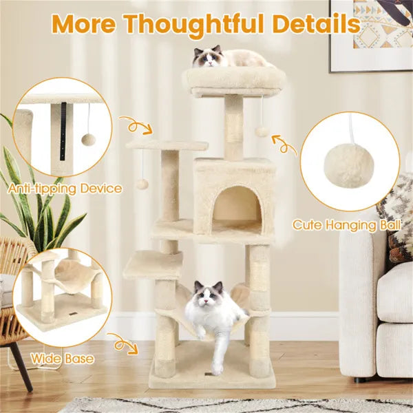 44" Katzenbaum mit Top-Plattform und Hängematte – Beige