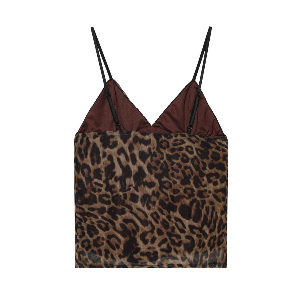 Leoparden-Print Seiden-Netz V-Neck Camisole