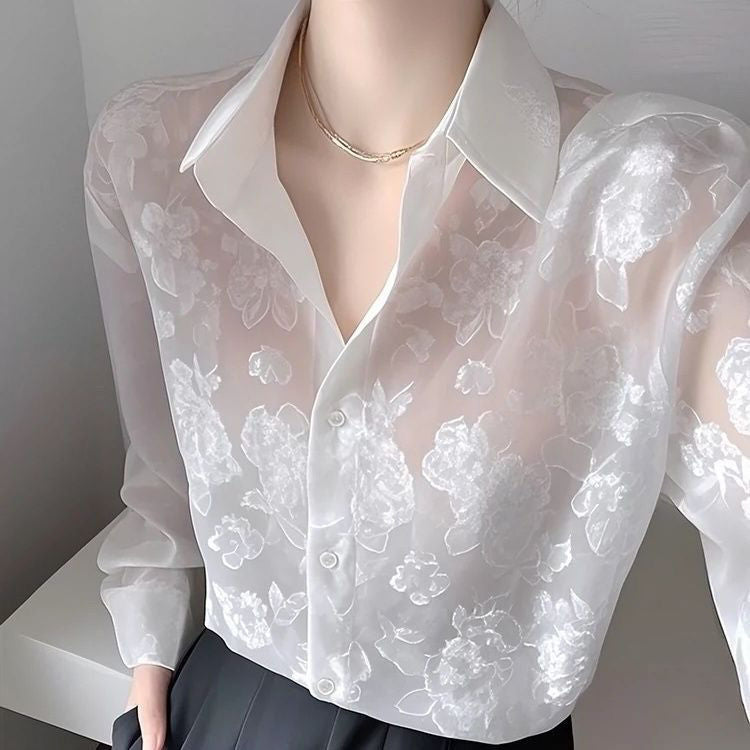 Elegante transparente Bluse mit Blumen-Stickerei