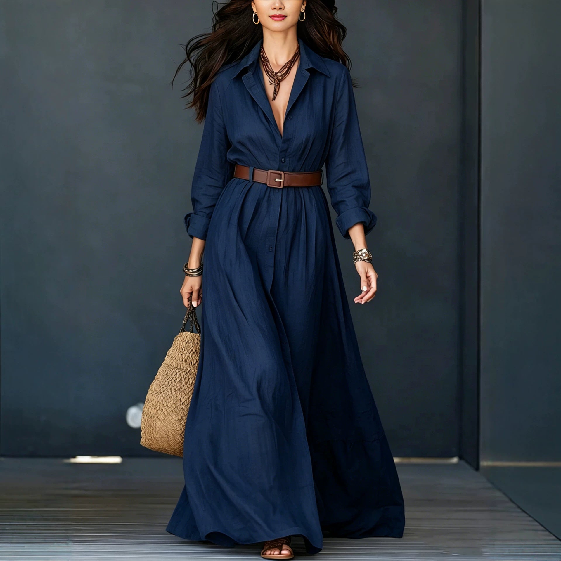 Langarm-Kleid mit Taillengürtel, elegant, lang, für Urlaub