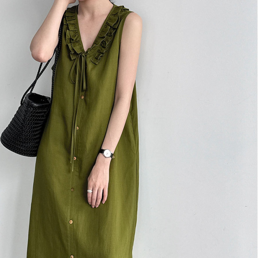 Ärmelloses V-Neck Kleid mit Rüschen