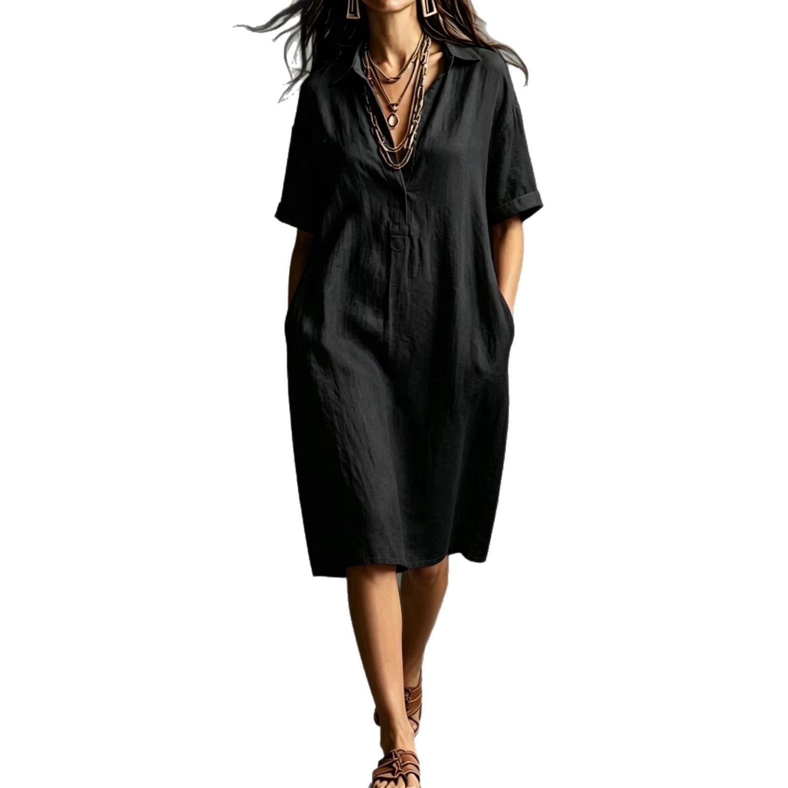 Ärmelloses V-Neck Kleid mit Taschen