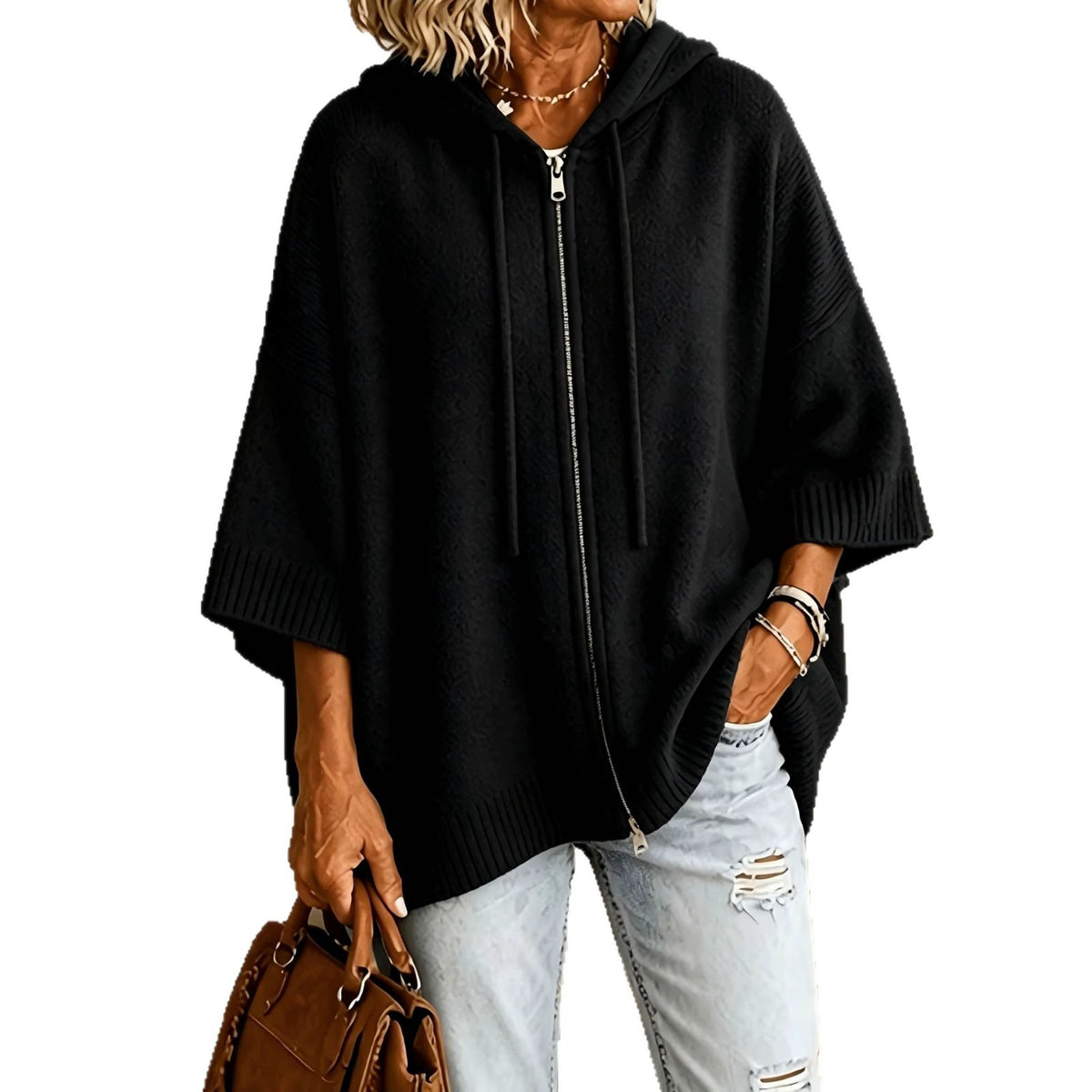 Hooded Cardigan Sweatshirt mit Fledermausärmeln – Bild 4 | LuxeStyle