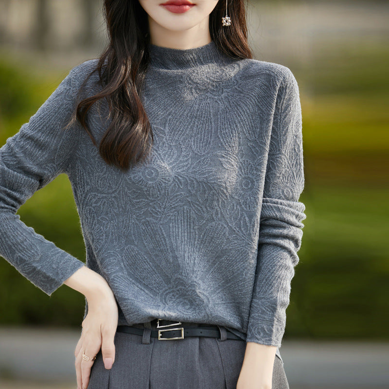 Feingestricktes Langarmshirt aus Wolle mit Stehkragen