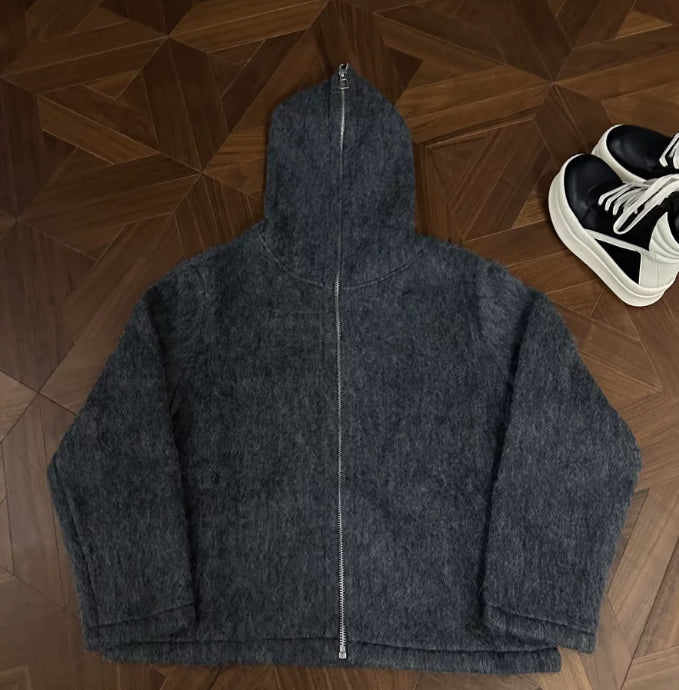 Woll-Mohair Strickjacke mit Kapuze