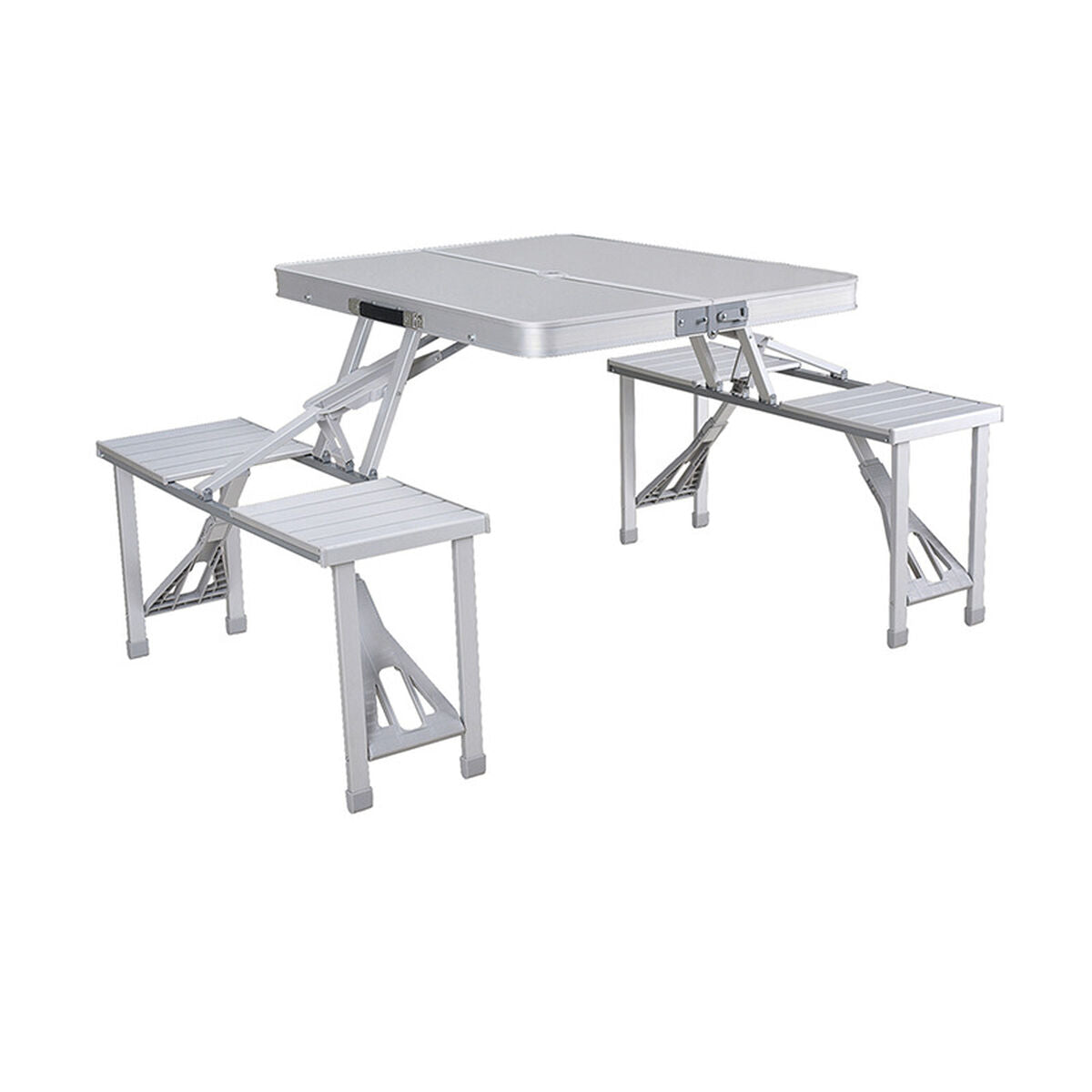 Marbueno Tisch und 4 Sitze mit Sonnenschirmloch Klappbar Aluminium Grau Camping und Strand