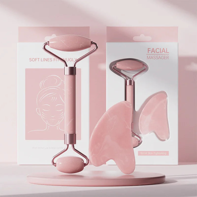 Gua-Sha-Set · Roller Rosenquarz/Jade