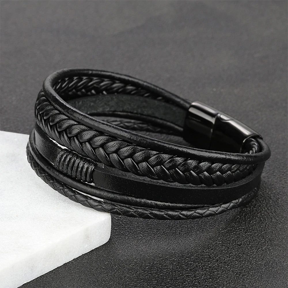 Herren-Lederarmband · Geflochten Edelstahl-Verschluss
