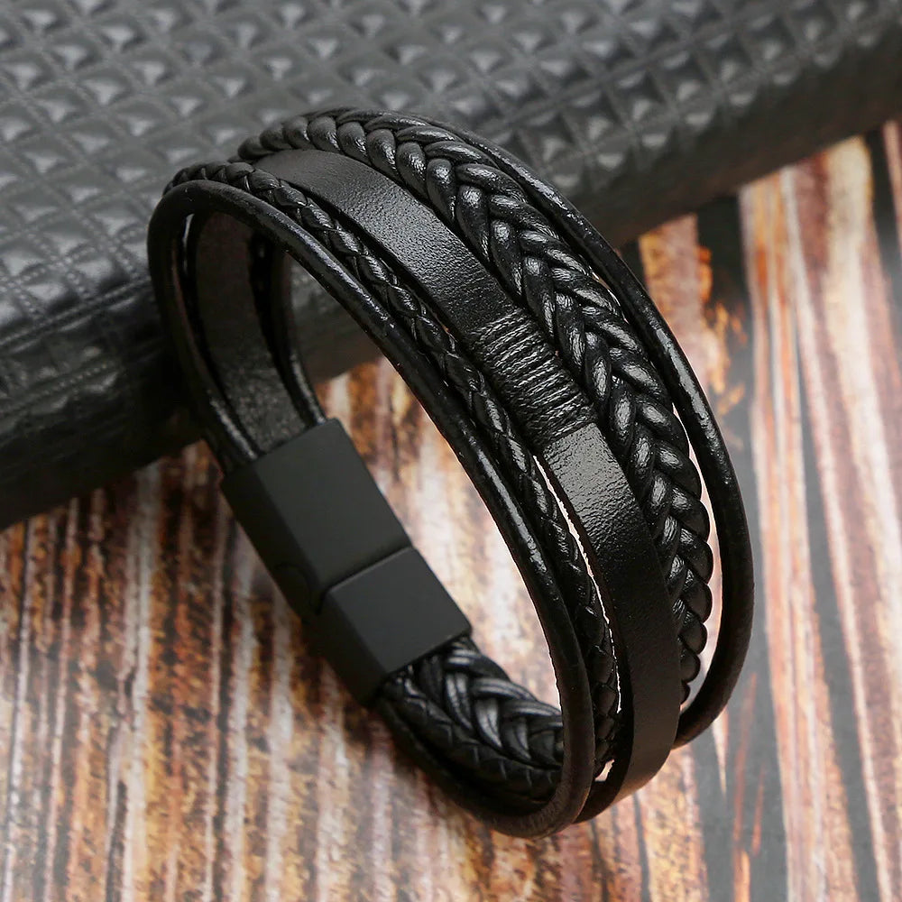 Herren-Lederarmband · Geflochten Edelstahl-Verschluss
