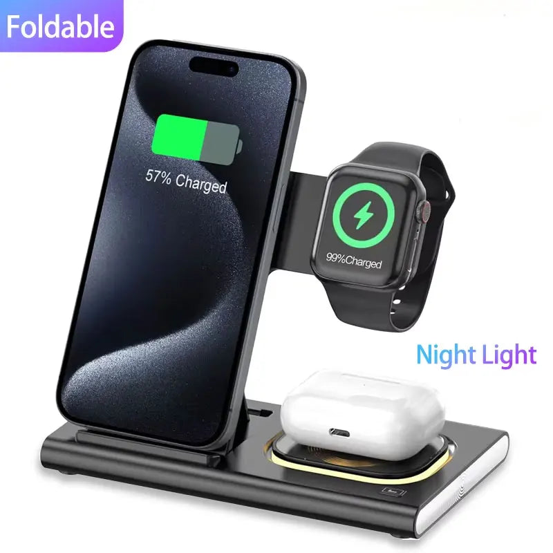 3-in-1 Foldable Wireless Charger Stand iPhone Apple Watch AirPods 15W Premium