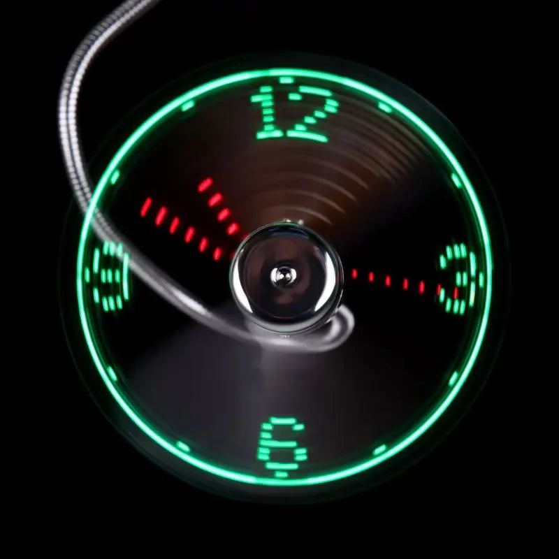 Mini-USB-Ventilator mit LED-Uhr · flexibel & leise (Schreibtisch-Gadget)