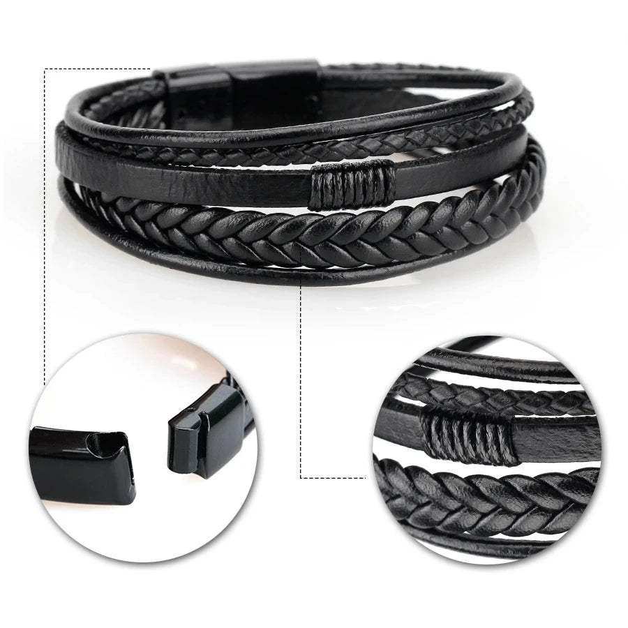 Herren-Lederarmband · Geflochten Edelstahl-Verschluss