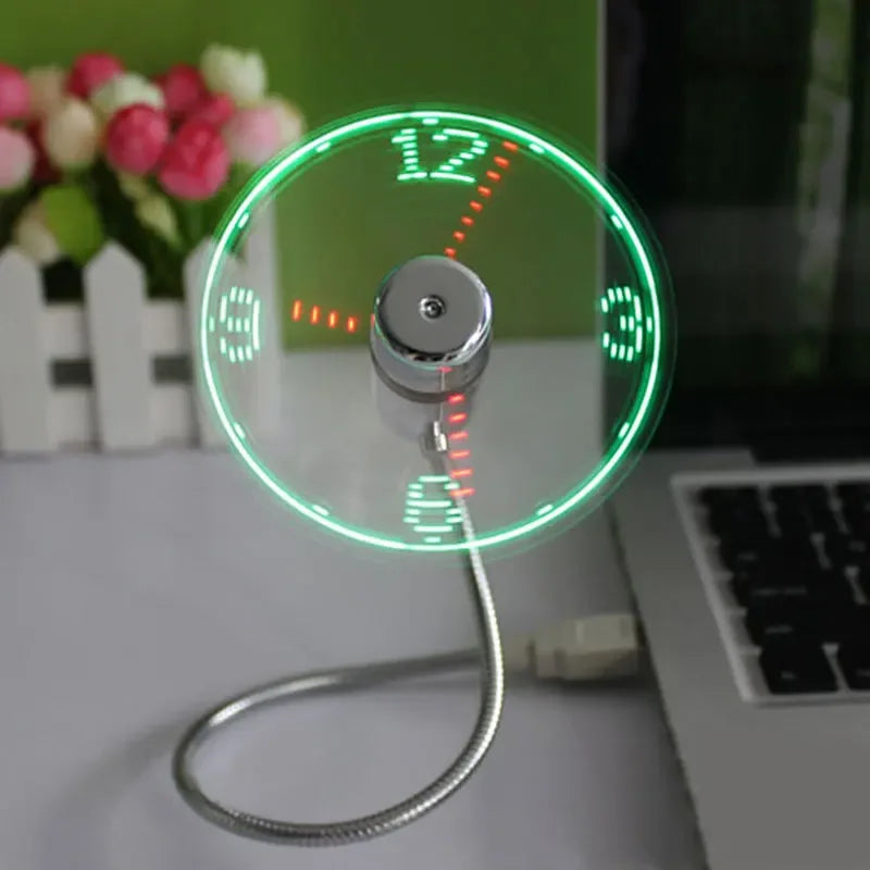Mini-USB-Ventilator mit LED-Uhr · flexibel & leise (Schreibtisch-Gadget)