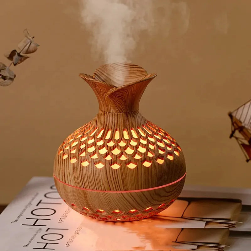 Bambus Aroma Diffuser mit Holzmaserung und warmem LED-Licht