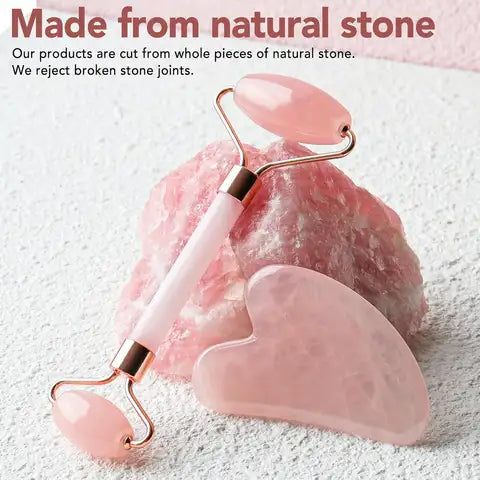 Jade Roller doppelseitig - Naturstein Rose Quartz mit Gua Sha